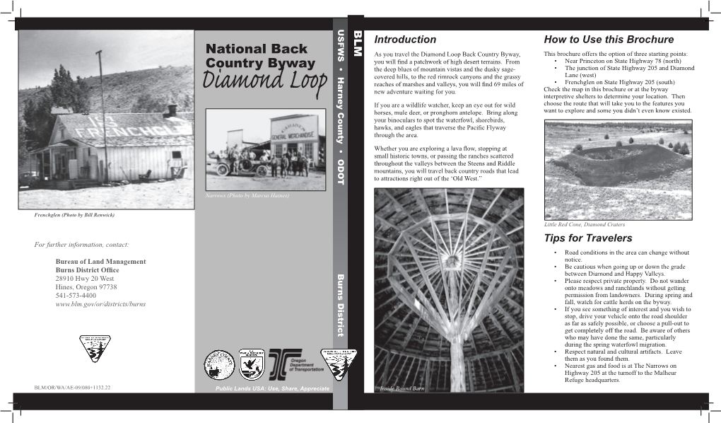 Diamond Loop Back Country Byway, This Brochure Offers the Option of Three Starting Points: You Will Find a Patchwork of High Desert Terrains