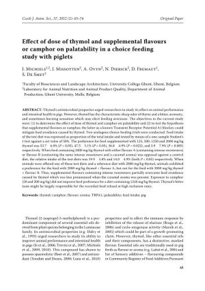Effect of Dose of Thymol and Supplemental Flavours Or Camphor on Palatability in a Choice Feeding Study with Piglets