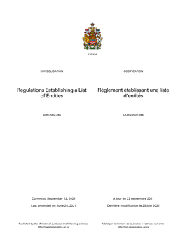 Regulations Establishing a List of Entities Règlement Établissant Une Liste D'entités