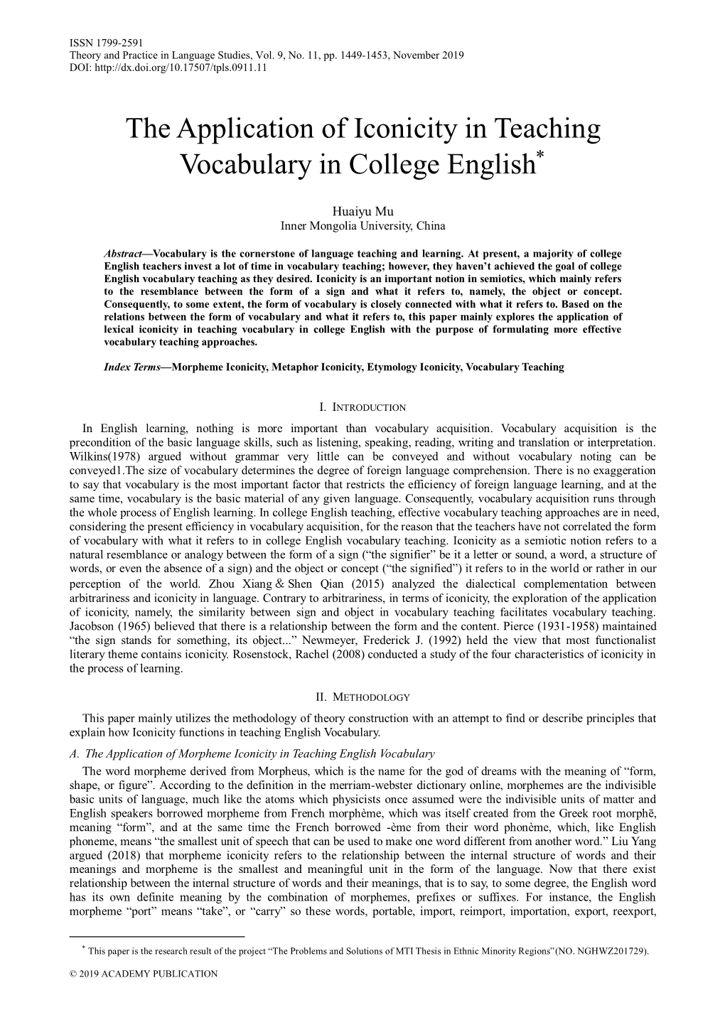 The Application of Iconicity in Teaching Vocabulary in College English