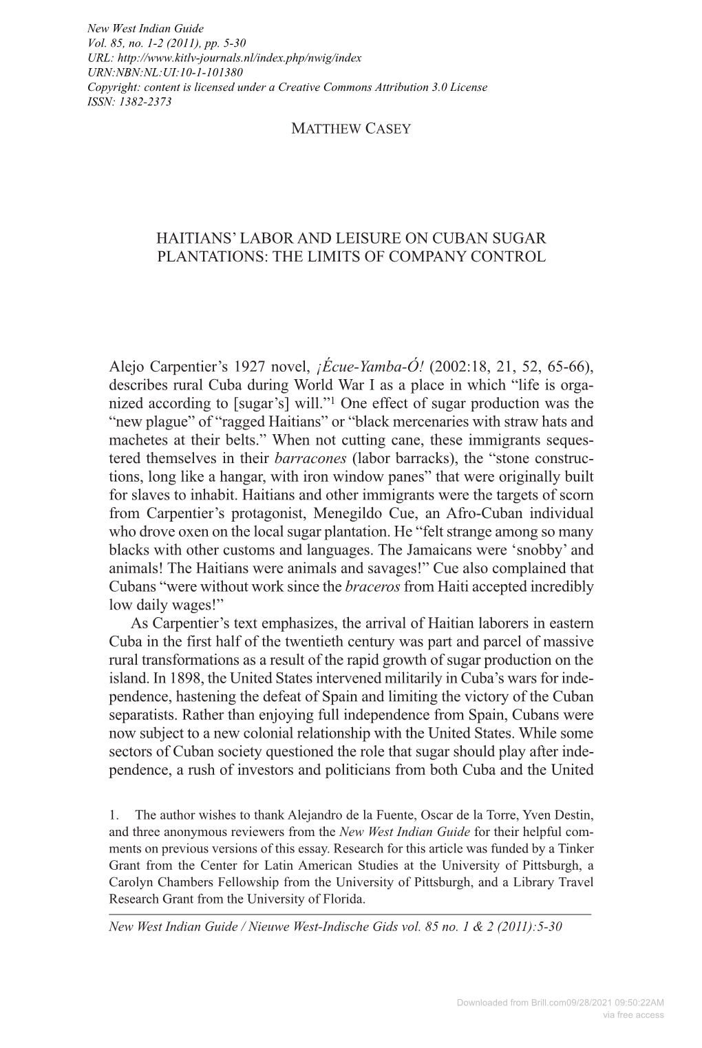 Haitians' Labor and Leisure on Cuban Sugar Plantations: the Limits of Company Control Alejo Carpentier's 1927 Novel