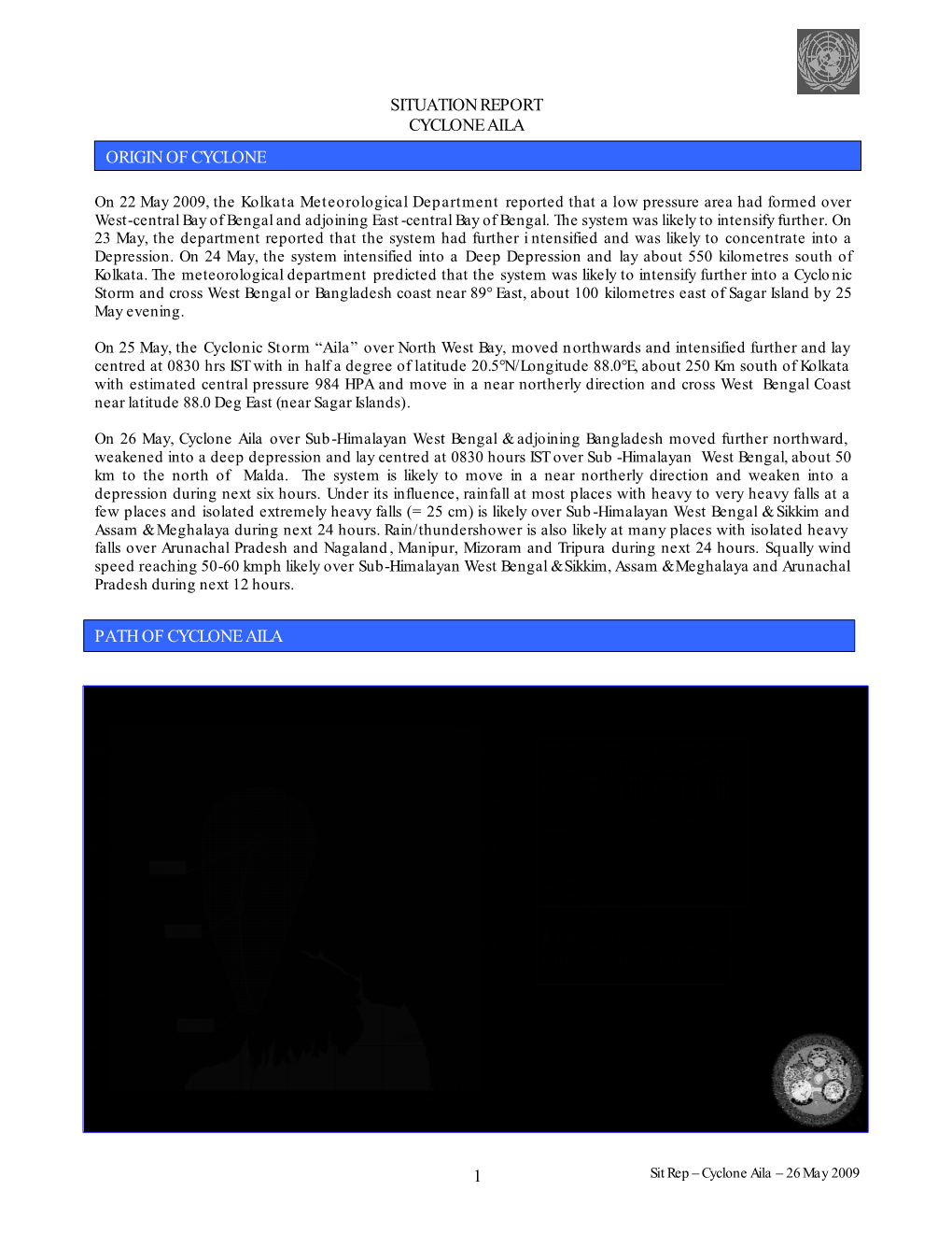 1 Situation Report Cyclone Aila Origin of Cyclone Path