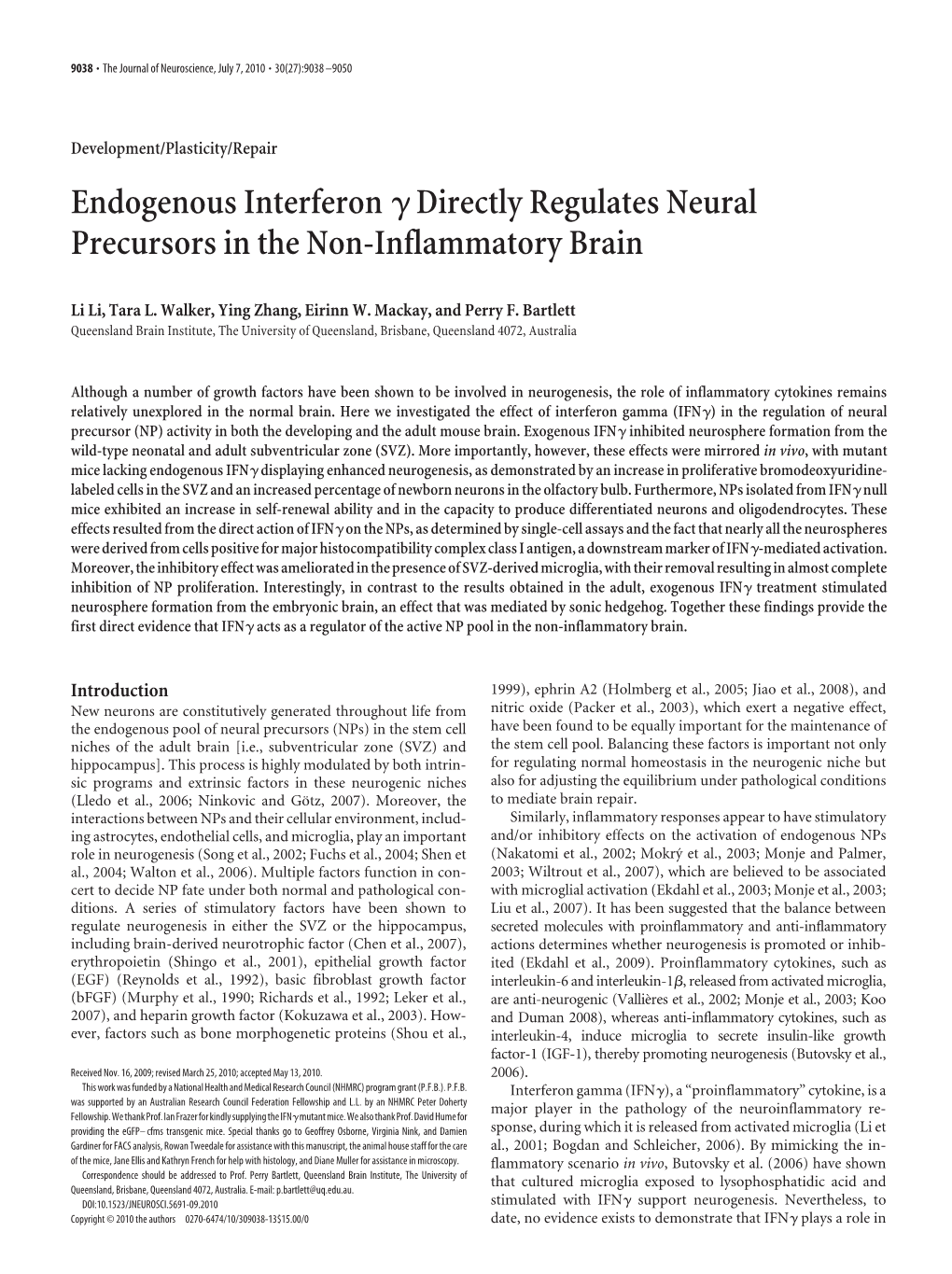 Endogenous Interferon Directly Regulates Neural Precursors in The