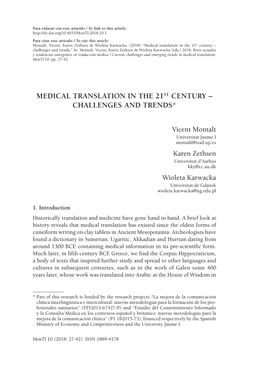Medical Translation in the 21St Century – Challenges and Trends.” In: Montalt, Vicent; Karen Zethsen & Wioleta Karwacka (Eds.) 2018