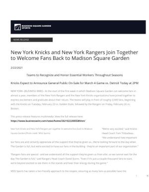 New York Knicks and New York Rangers Join Together to Welcome Fans Back to Madison Square Garden
