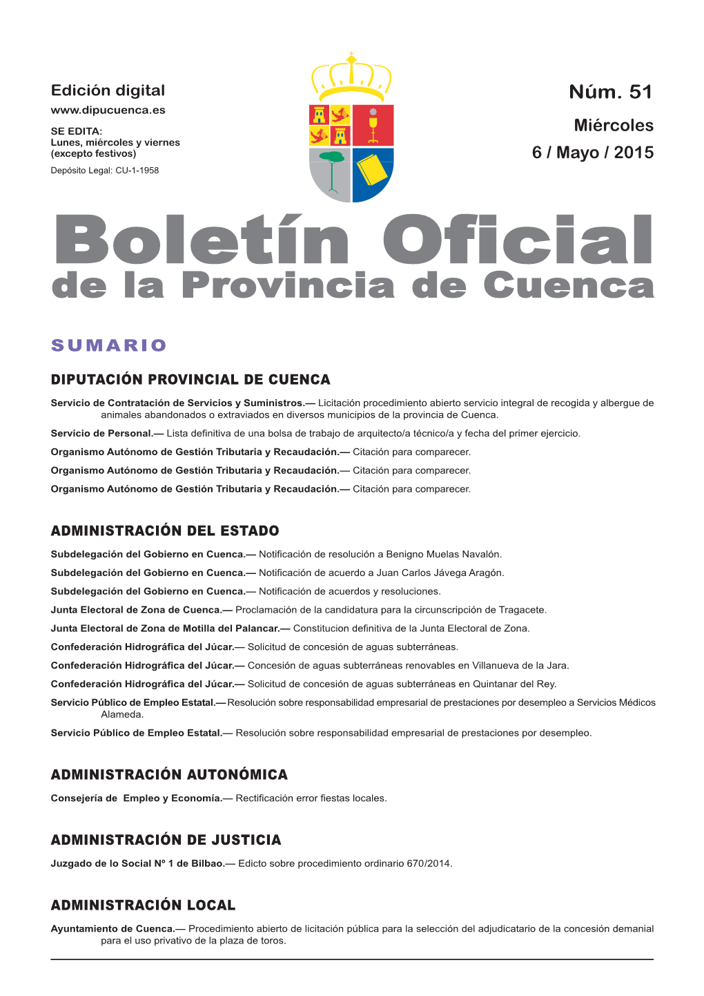 Boletín Oficial De La Provincia De Cuenca Sumario Diputación Provincial De Cuenca