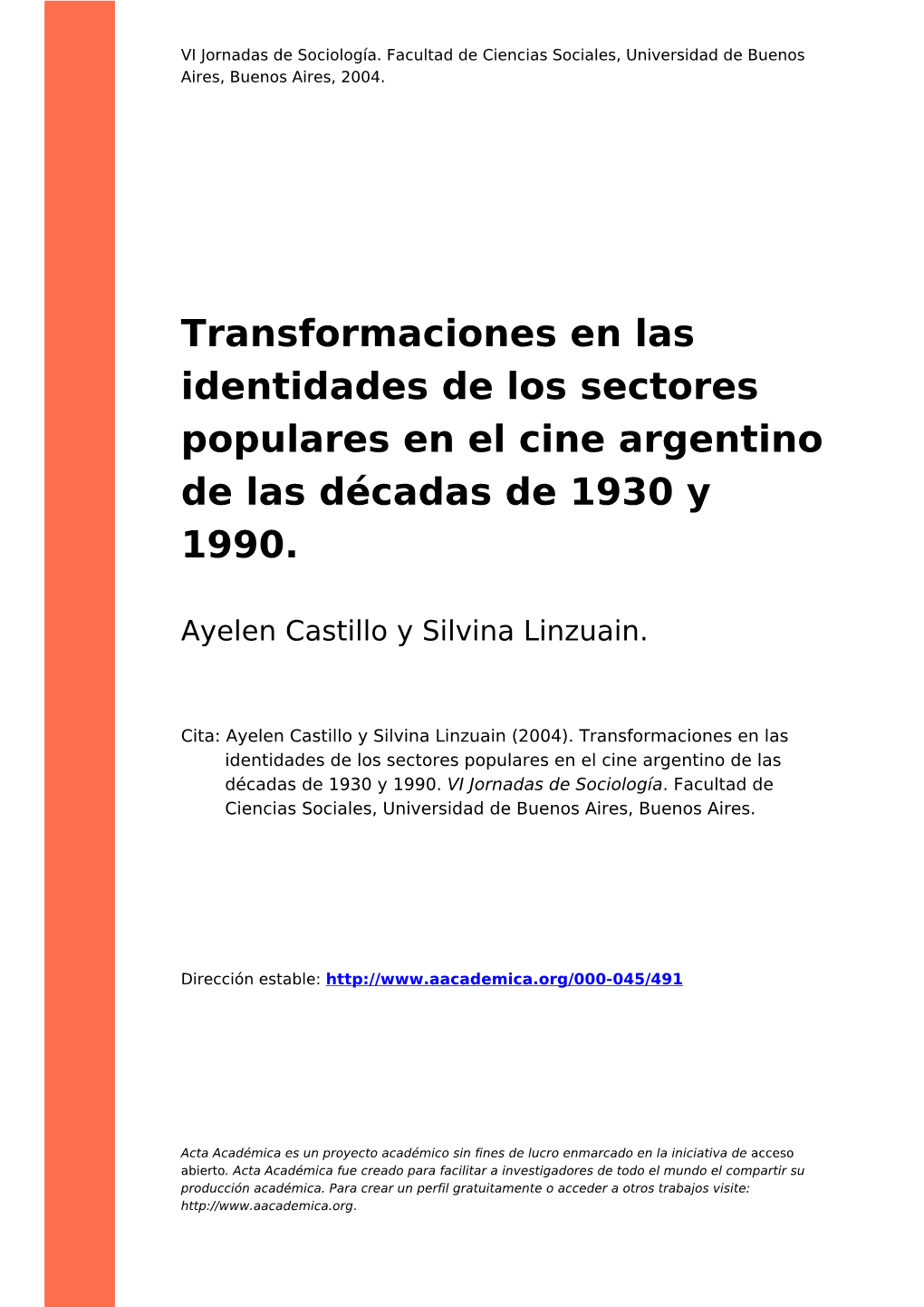 Transformaciones En Las Identidades De Los Sectores Populares En El Cine Argentino De Las Décadas De 1930 Y 1990