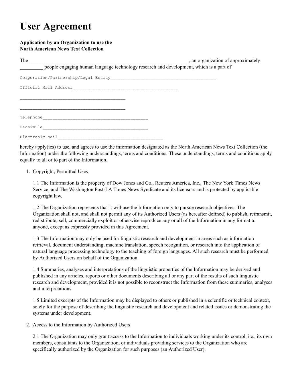 North American News Text License Agreement