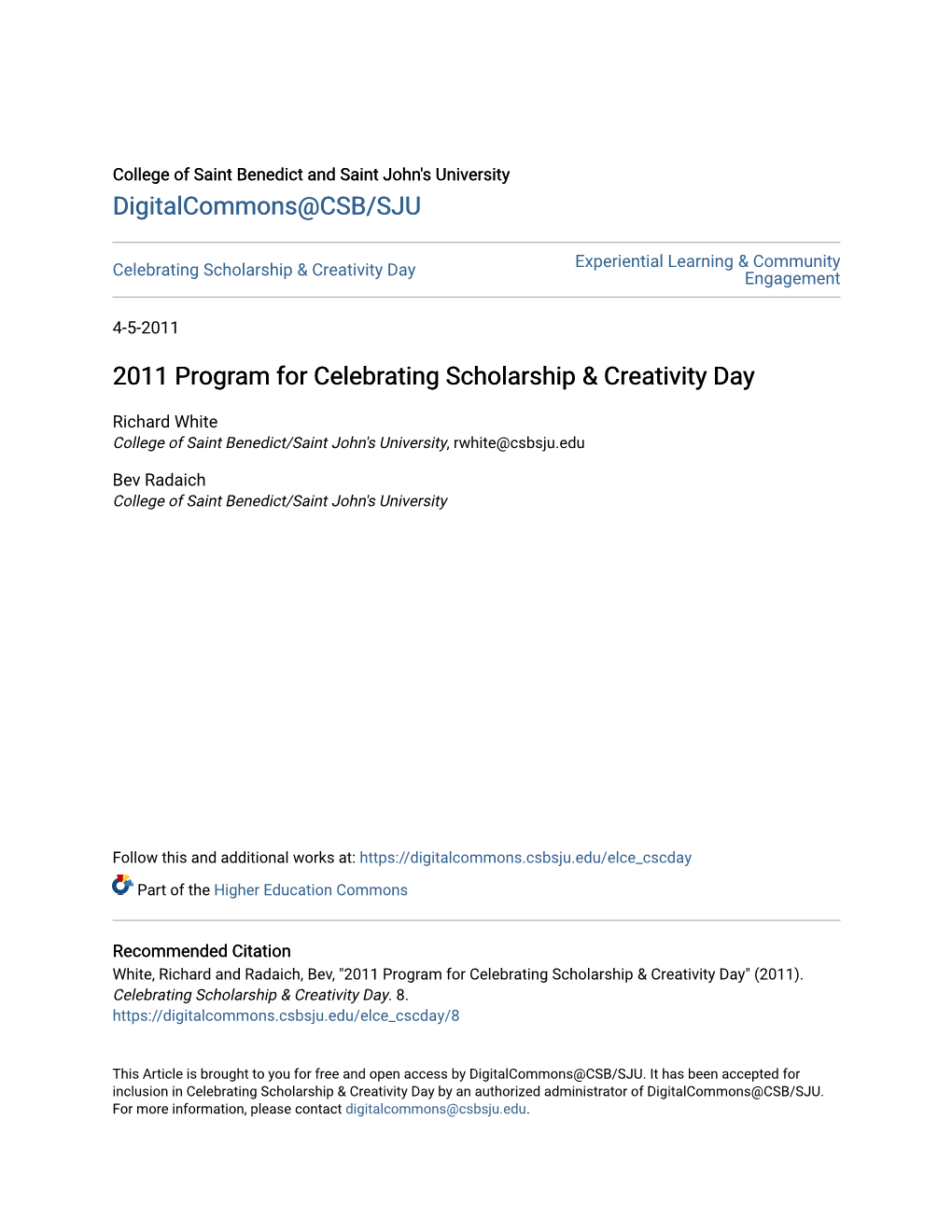2011 Program for Celebrating Scholarship & Creativity