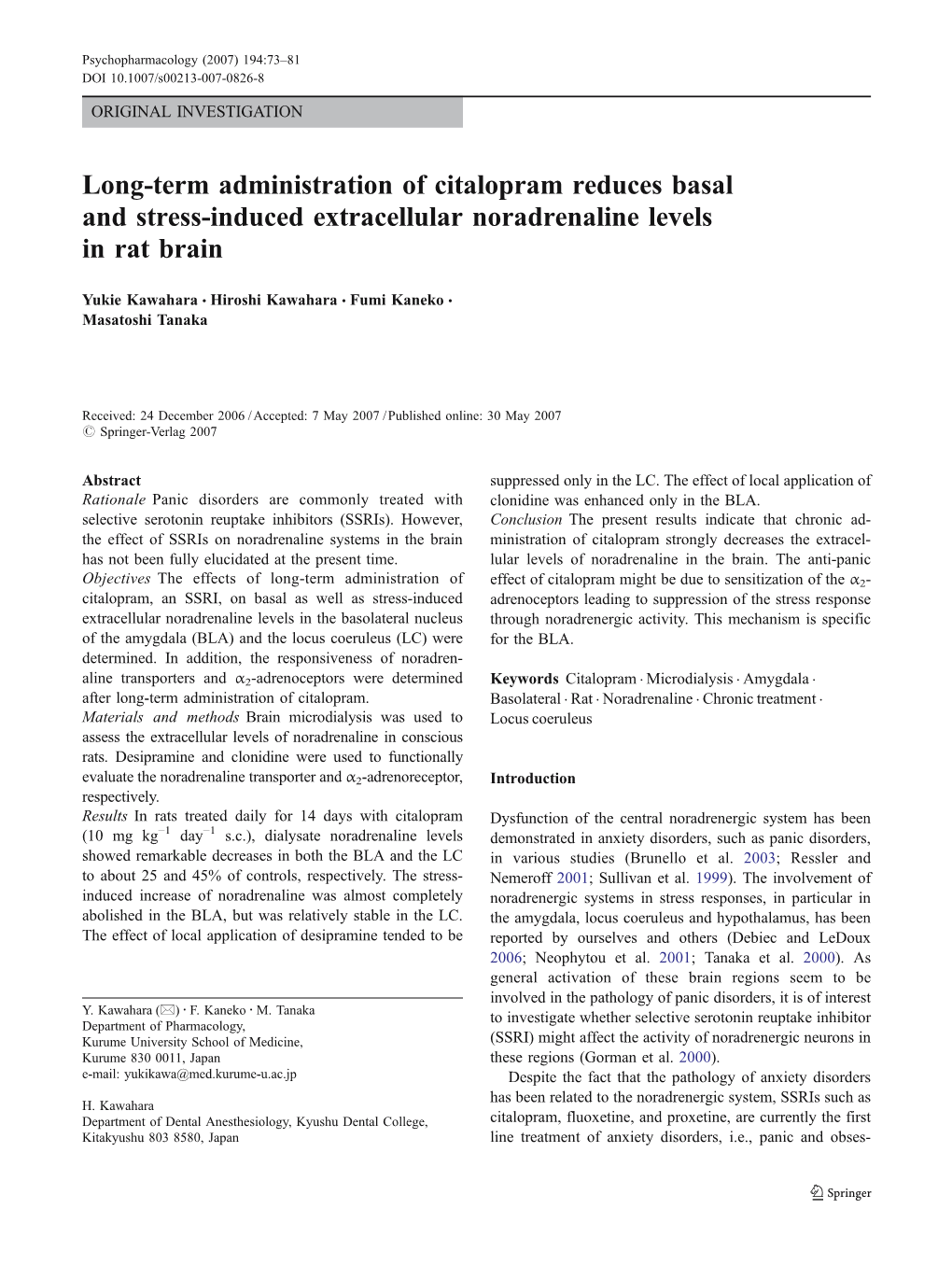 Long-Term Administration of Citalopram Reduces Basal and Stress-Induced Extracellular Noradrenaline Levels in Rat Brain