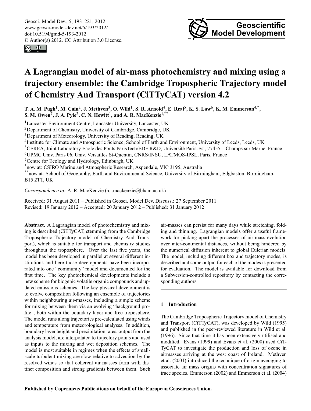 A Lagrangian Model of Air-Mass Photochemistry and Mixing