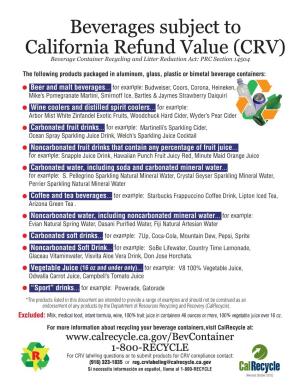 Beverage Subject to California Refund Value (CRV)