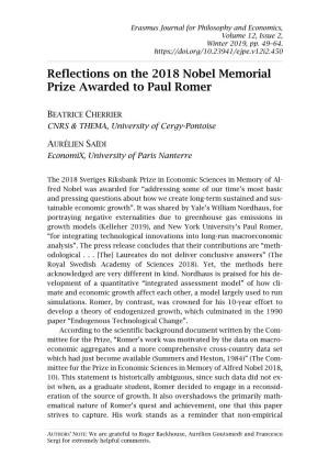 Reflections on the 2018 Nobel Memorial Prize Awarded to Paul Romer