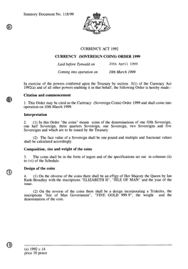 (SOVEREIGN COINS) ORDER 1999 Laid Before Tynwald on 20Th April