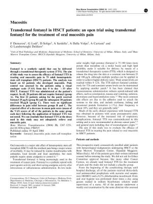 Mucositis Transdermal Fentanyl in HSCT Patients: an Open Trial Using Transdermal Fentanyl for the Treatment of Oral Mucositis Pain