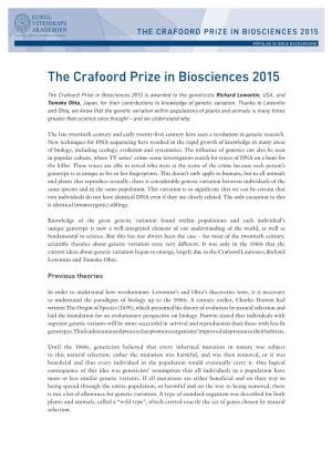 The Crafoord Prize in Biosciences 2015