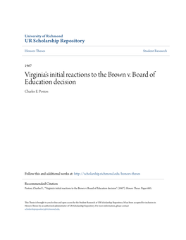 Virginia's Initial Reactions to the Brown V. Board of Education Decision Charles E