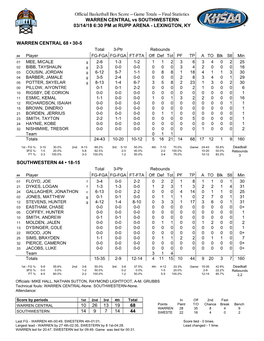 Official Basketball Box Score -- Game Totals -- Final Statistics WARREN CENTRAL Vs SOUTHWESTERN 03/14/18 6:30 PM at RUPP ARENA - LEXINGTON, KY