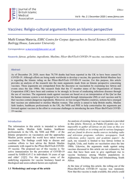 Vaccines: Religio-Cultural Arguments from an Islamic Perspective