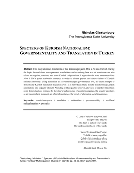 Specters of Kurdish Nationalism: Governmentality and Translation in Turkey