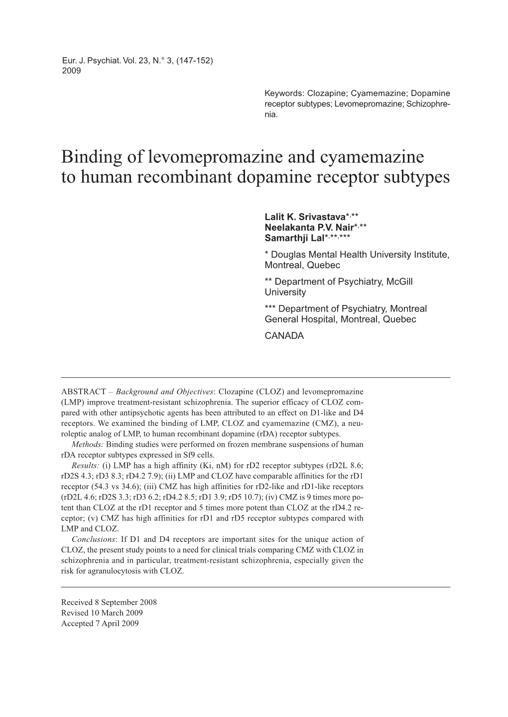 Binding of Levomepromazine and Cyamemazine to Human Recombinant Dopamine Receptor Subtypes