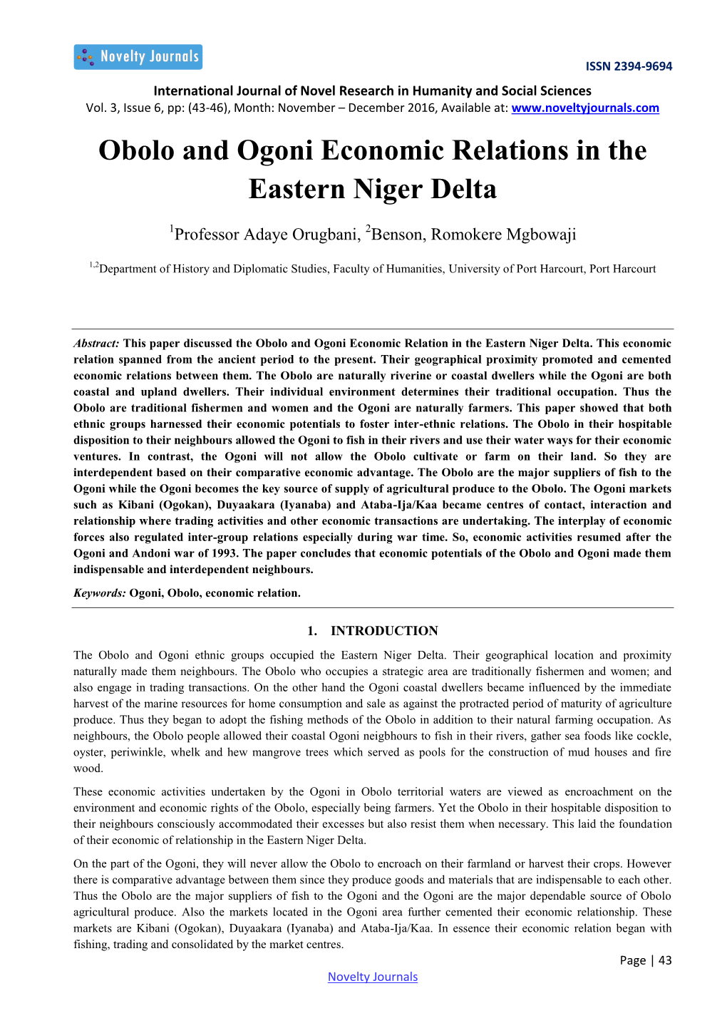 Obolo and Ogoni Economic Relations in the Eastern Niger Delta