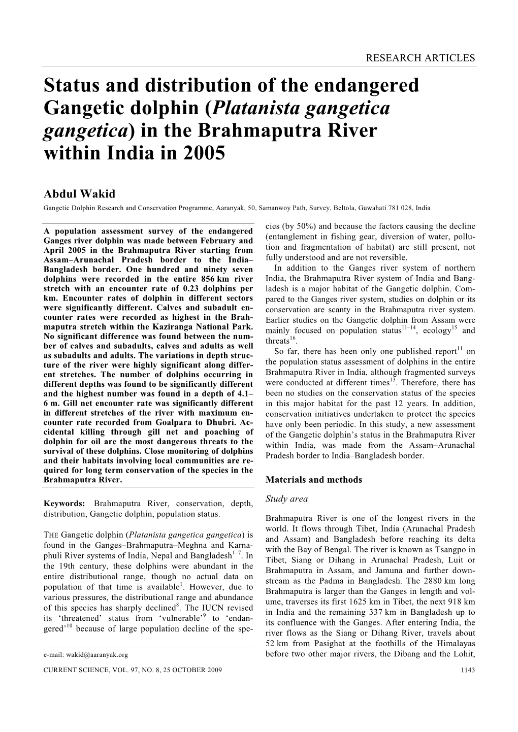 Status and Distribution of the Endangered Gangetic Dolphin (Platanista Gangetica Gangetica) in the Brahmaputra River Within India in 2005