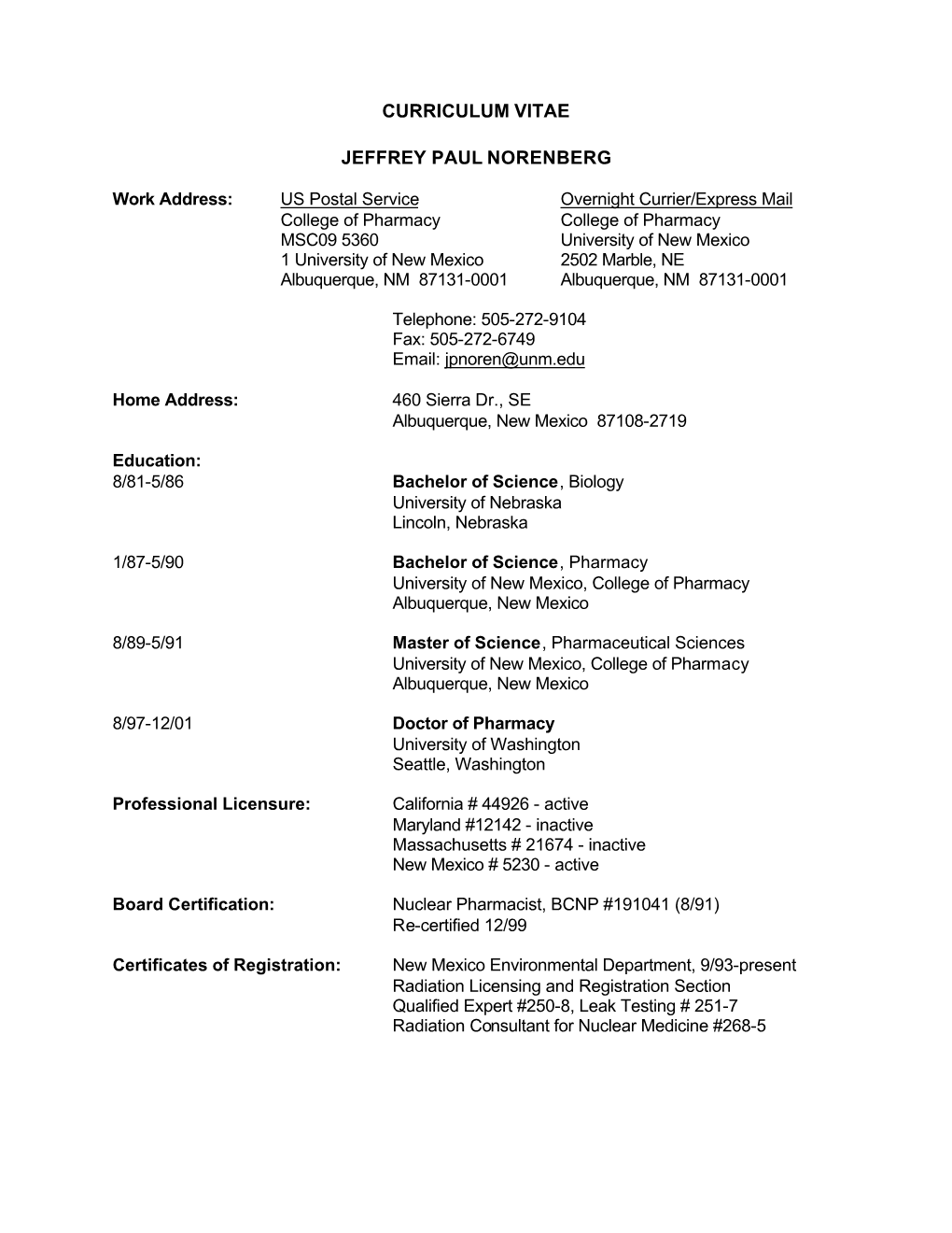 Curriculum Vitae Jeffrey Paul Norenberg