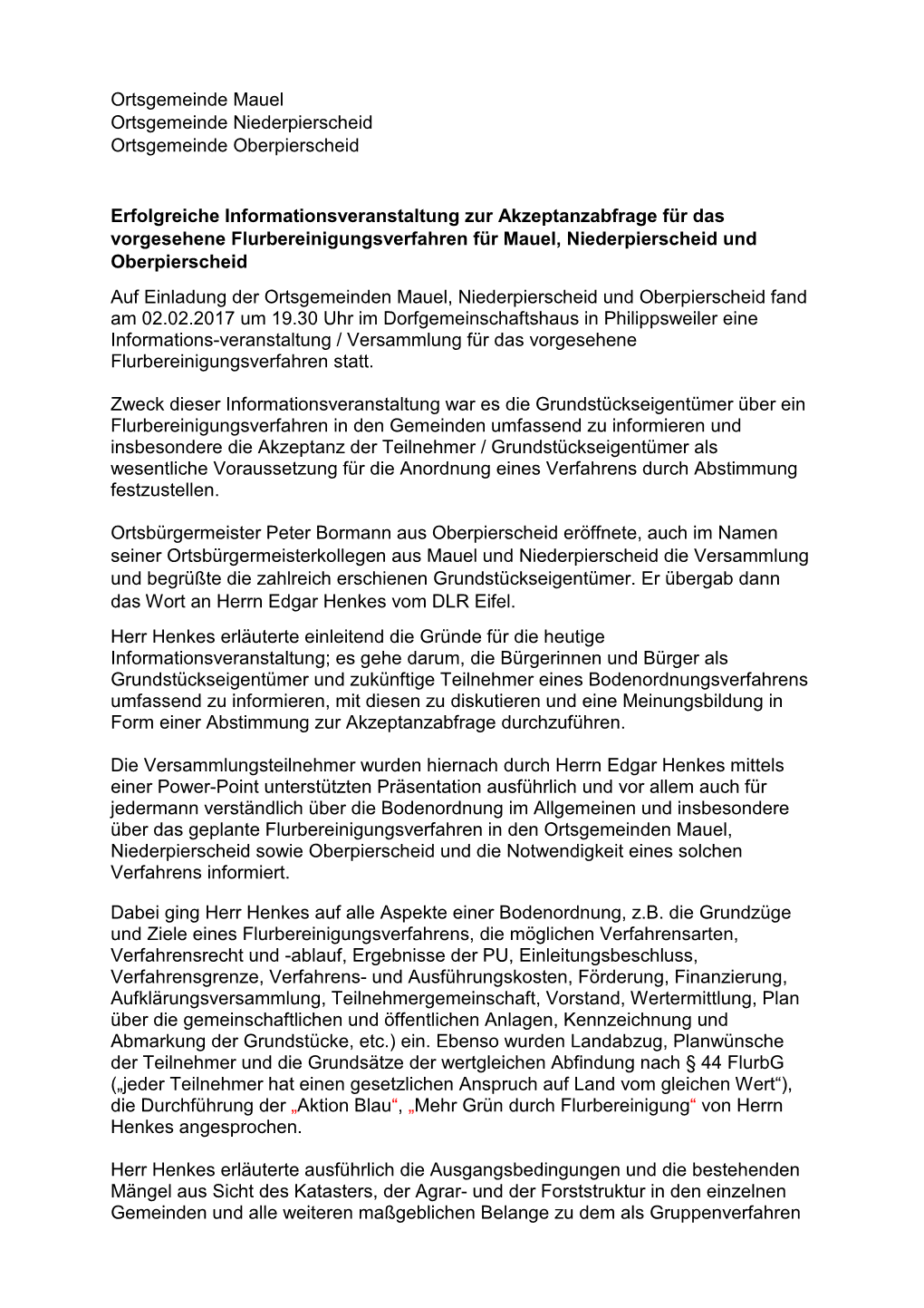 Ortsgemeinde Mauel Ortsgemeinde Niederpierscheid Ortsgemeinde Oberpierscheid