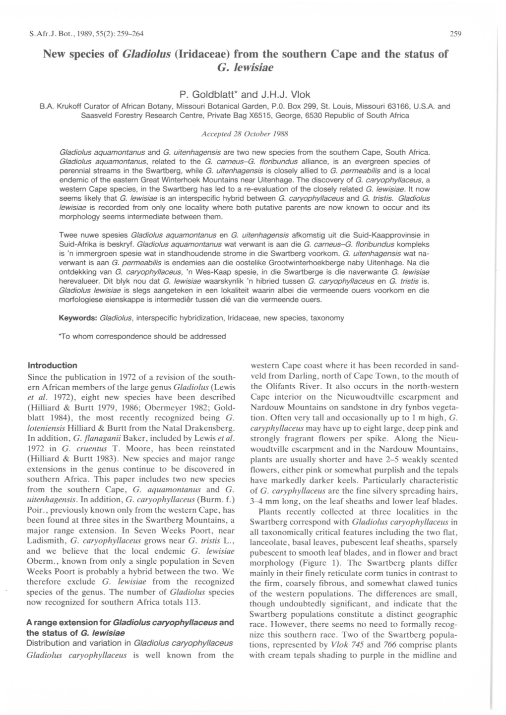 (Iridaceae) from the Southern Cape and the Status of G. Lewisiae