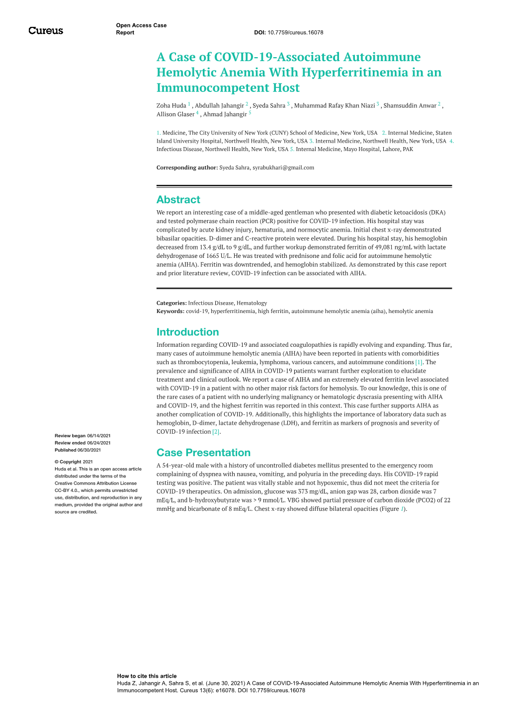 A Case of COVID-19-Associated Autoimmune Hemolytic Anemia with Hyperferritinemia in an Immunocompetent Host