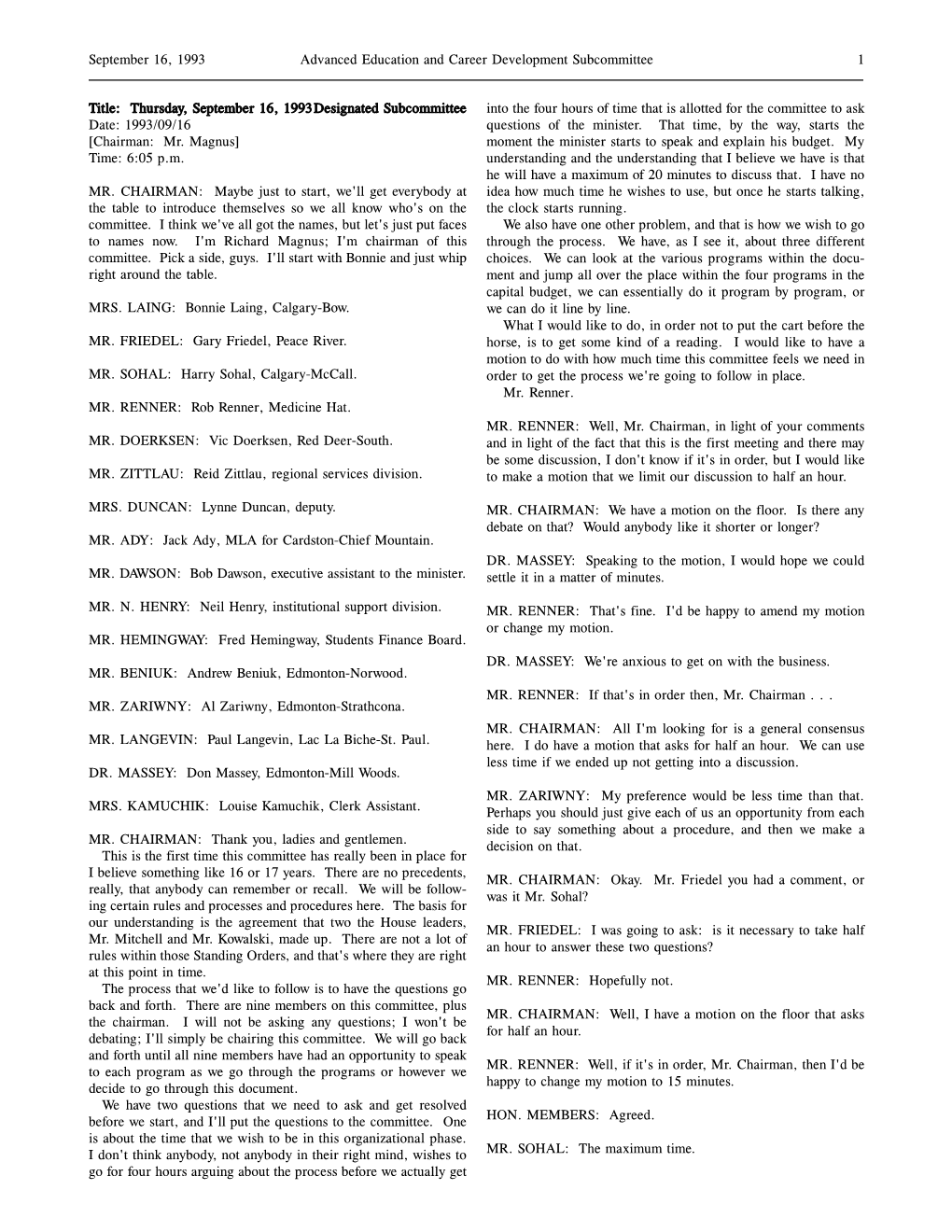 September 16, 1993 Advanced Education and Career Development Subcommittee 1 Title: Thursday, September 16, 1993Designated Subco