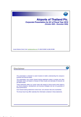 Airports of Thailand Plc. Corporate Presentation for Q1 of Fiscal Year 2010 (October 2009 – December 2009)