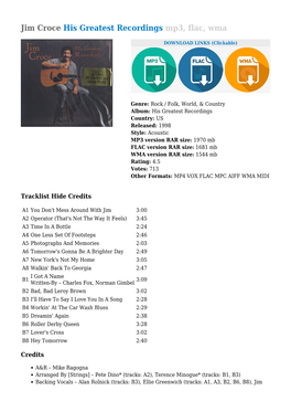 Jim Croce His Greatest Recordings Mp3, Flac, Wma