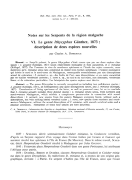 Notes Sur Les Serpents De La Région Malgache VI. Le Genre Ithycyphus Giinther, 1873 ; Description De Deux Espèces Nouvelles
