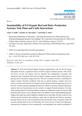 Sustainability of US Organic Beef and Dairy Production Systems: Soil, Plant and Cattle Interactions