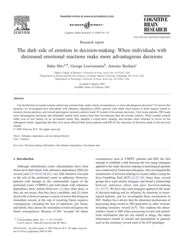 The Dark Side of Emotion in Decision-Making: When Individuals with Decreased Emotional Reactions Make More Advantageous Decisions