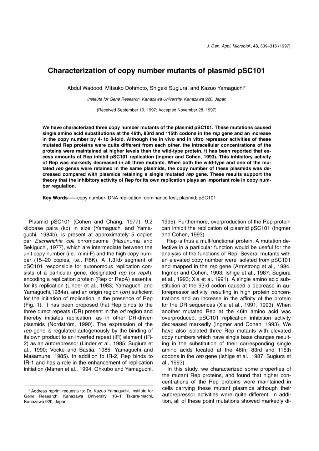 Characterization of Copy Number Mutants of Plasmid Psc101