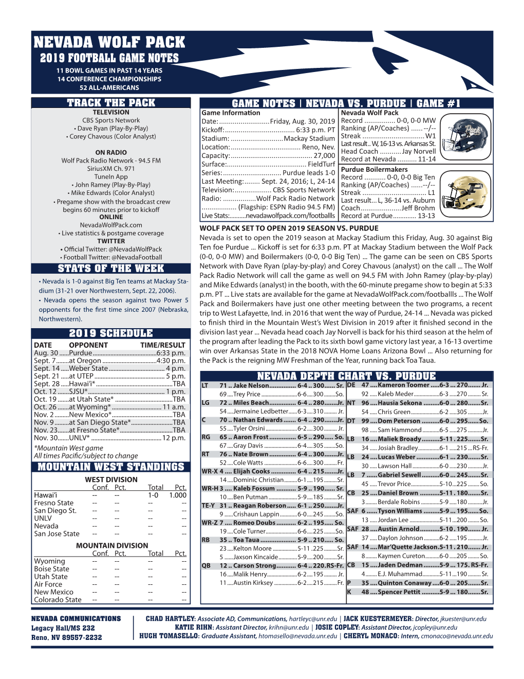 Nevada Wolf Pack 2019 Football Game Notes 11 Bowl Games in Past 14 Years 14 Conference Championships 52 All-Americans Track the Pack Game Notes | Nevada Vs