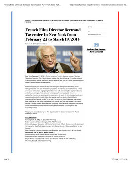 French Film Director Bertrand Tavernier in New York from February