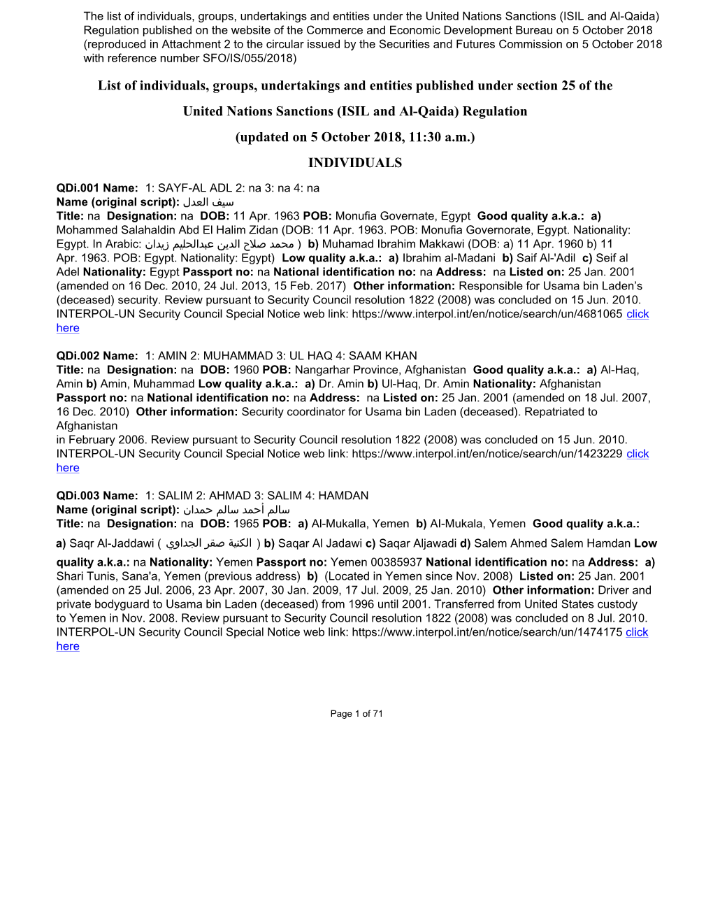 List of Individuals, Groups, Undertakings and Entities Published Under Section 25 of the United Nations Sanctions (ISIL and Al-Q