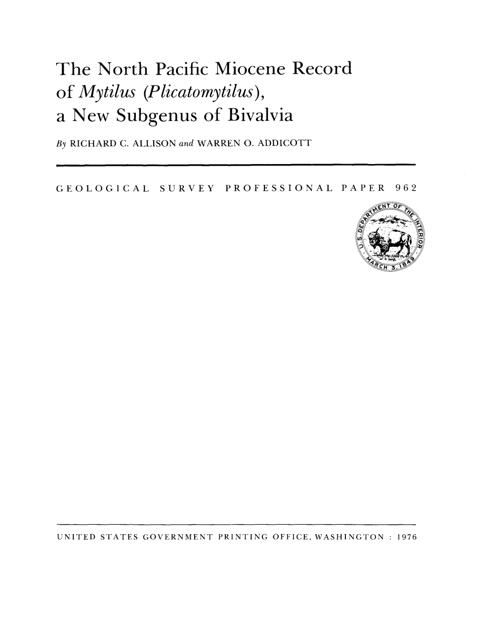 The North Pacific Miocene Record of Mytilus (Plicatomytilus), a New Subgenus of Bivalvia