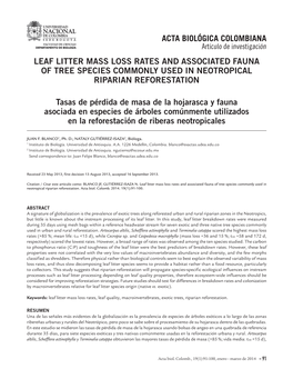 Leaf Litter Mass Loss Rates and Associated Fauna of Tree Species Commonly Used in Neotropical Riparian Reforestation