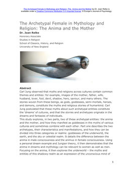 The Archetypal Female in Mythology and Religion: the Anima and the Mother by Dr