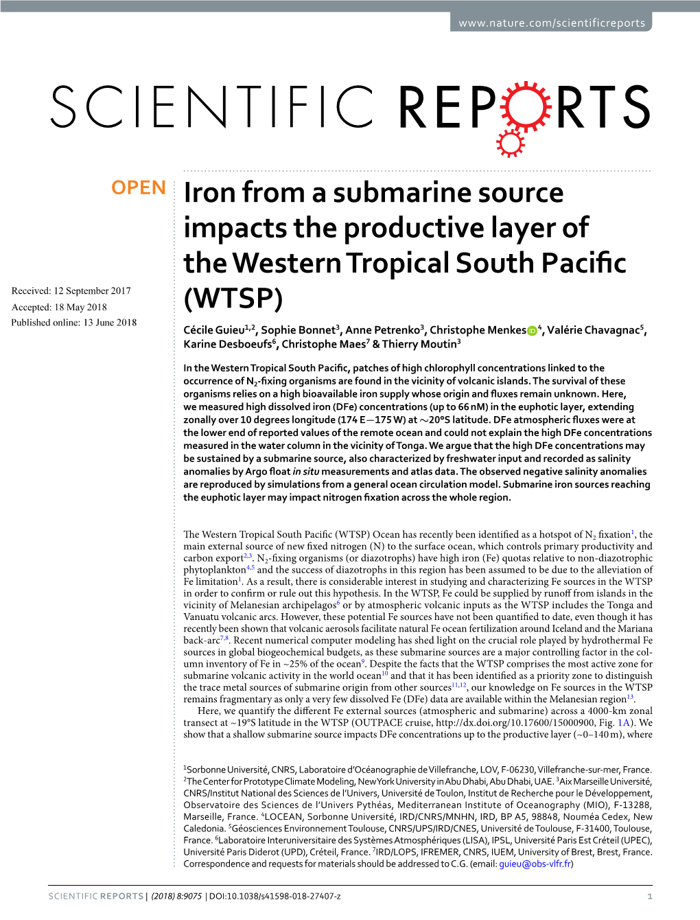 Iron from a Submarine Source Impacts the Productive Layer of the Western Tropical South Pacific (WTSP)