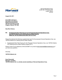 Supplemental Rare Plant Survey for the Proposed Harvest Operations Corp