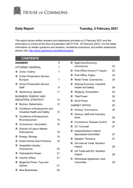 Daily Report Tuesday, 2 February 2021 CONTENTS