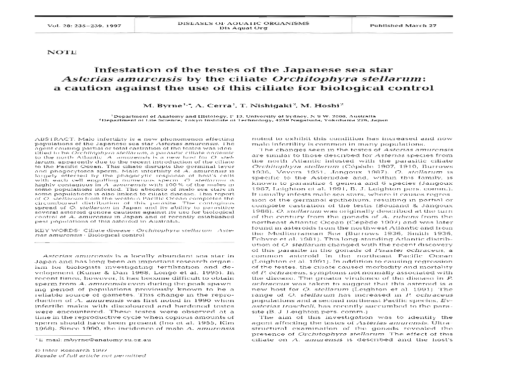 Infestation of the Testes of the Japanese Sea Star Asterias