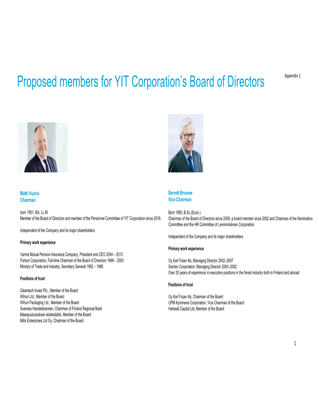 Appendix 1 Proposed Members for the Board of Directors