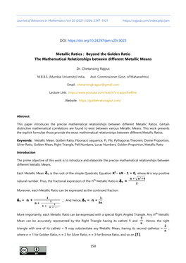 Metallic Ratios : Beyond the Golden Ratio the Mathematical Relationships Between Different Metallic Means N =